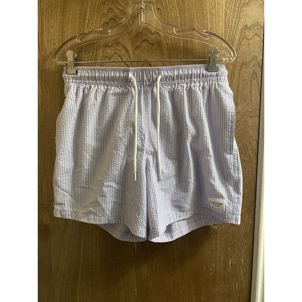 Calvin Klein Men's Purple Pinstripe Stretch Waist Swim Trunk Shorts Size M 5"
